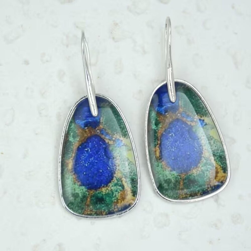 PEACOCK FEATHER COLORS ACRYLIC SILVERY DROP PIERCED EARRINGS 65
